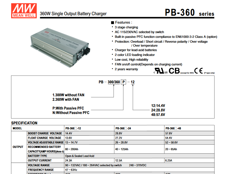 Зарядное устройство PB-360N-24 24V, 12.5A
