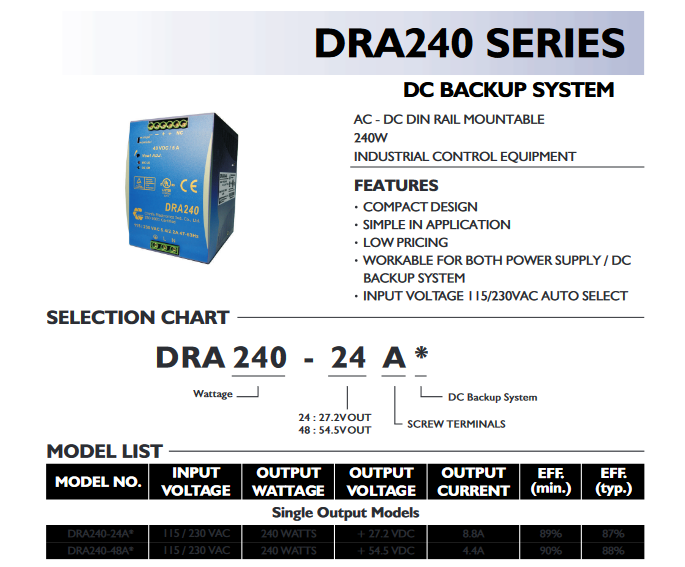 Преобразователь напряжения DRAN240-24A UPS CHINFA