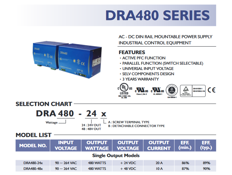 Преобразователь напряжения DRAN480-24A CHINFA